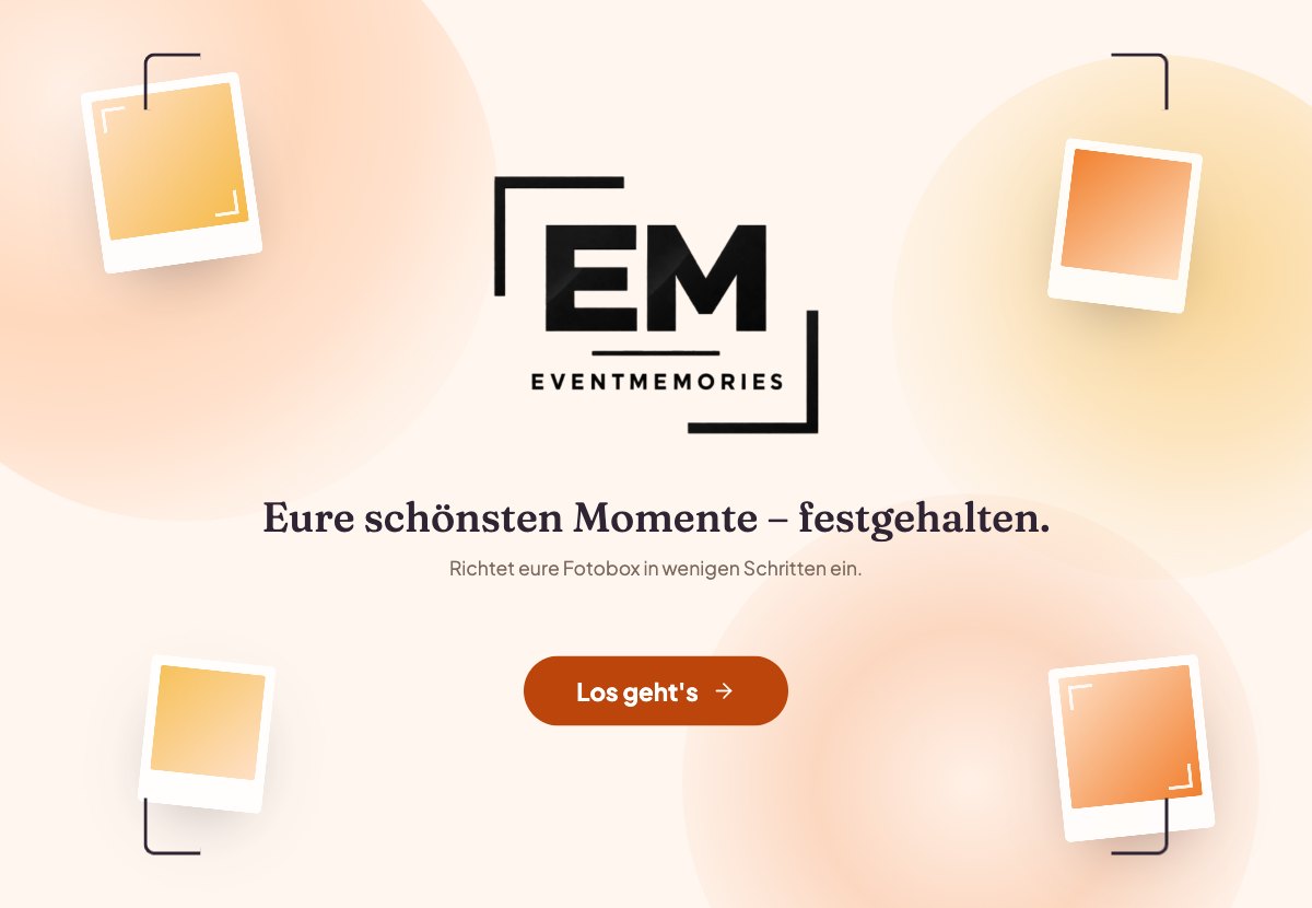 Startbildschirm der Fotobox mit der Schaltfläche „Los geht’s“.