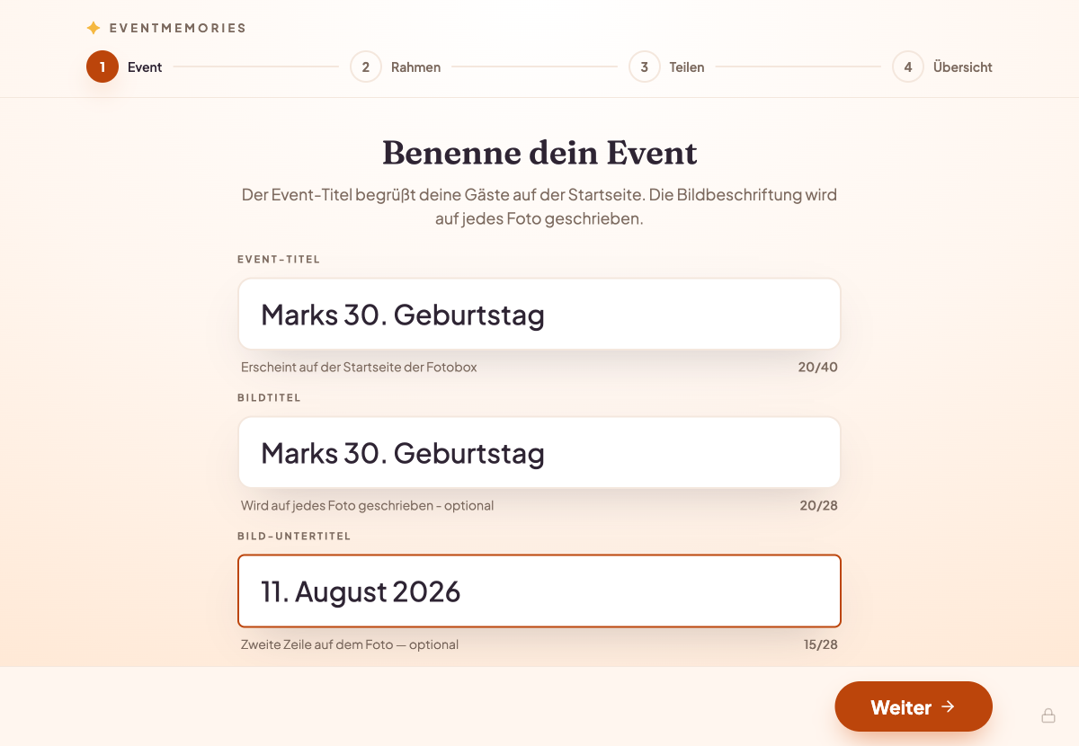 Eingabemaske der Fotobox für Event-Titel, Bildtitel und Untertitel.