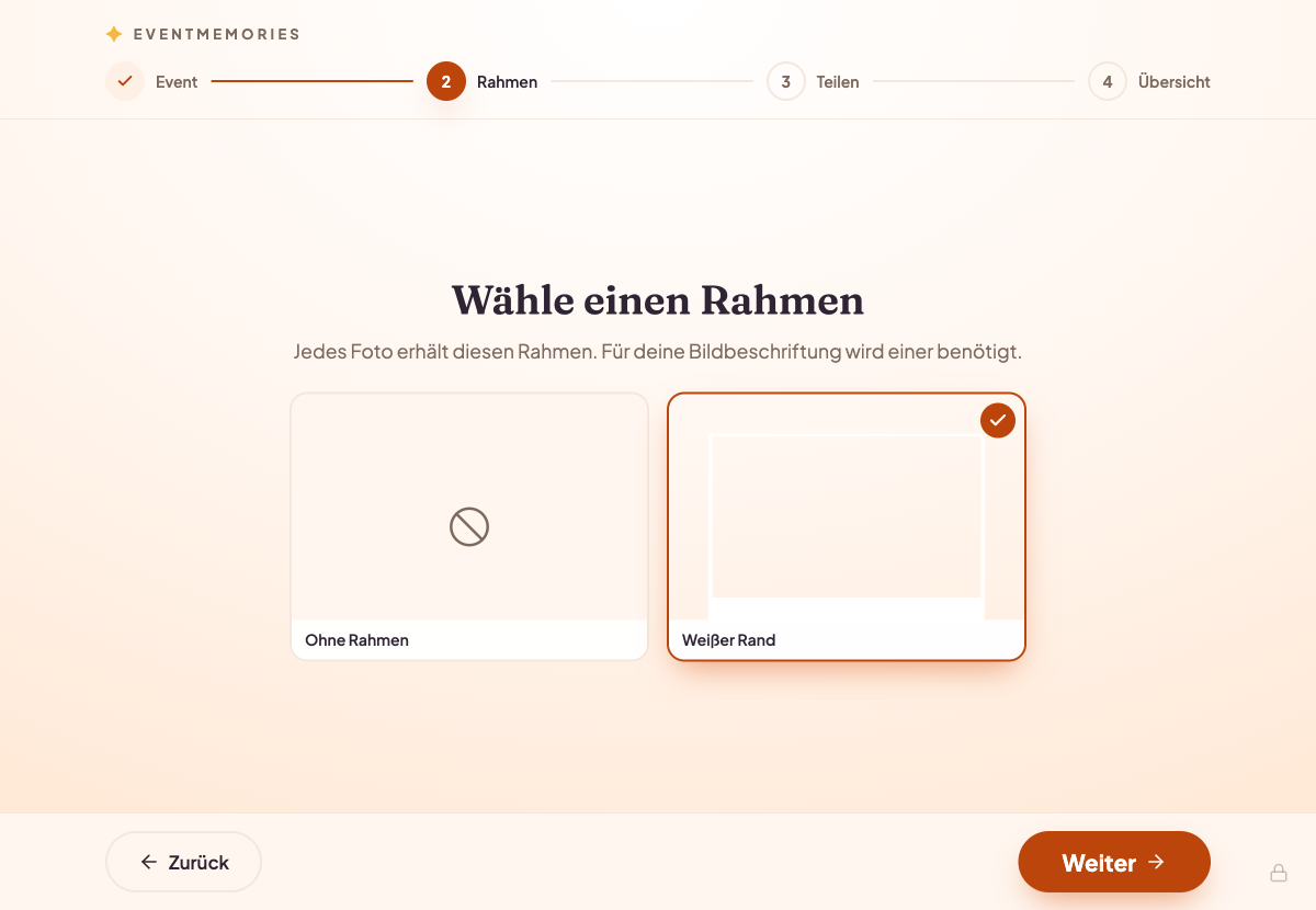 Auswahl eines Fotorahmens auf der Fotobox mit markierter Auswahl.