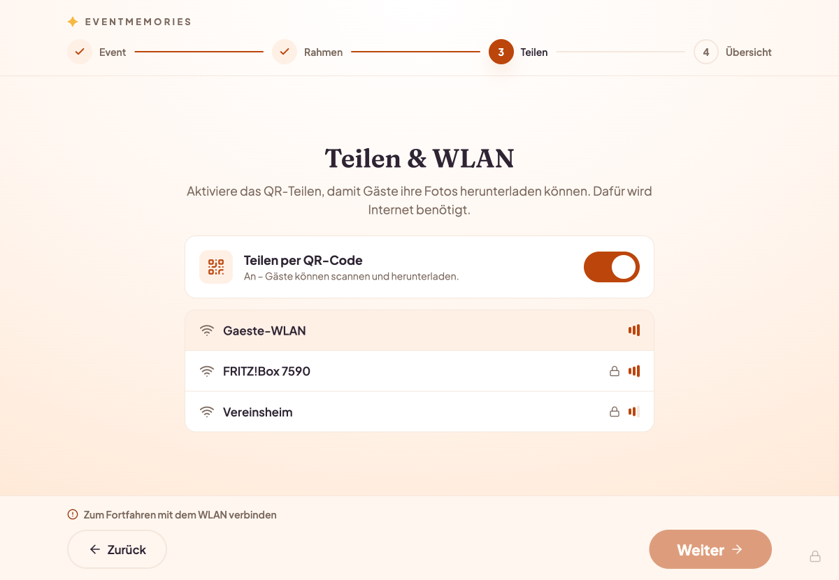 Schalter für das QR-Teilen und die Liste der WLAN-Netzwerke auf der Fotobox.