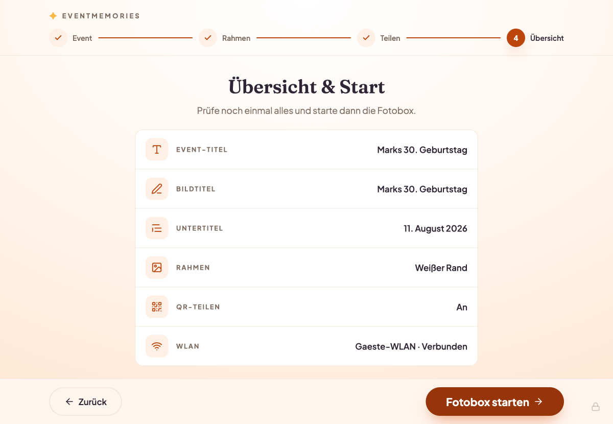 Übersicht aller gewählten Einstellungen der Fotobox vor dem Start.