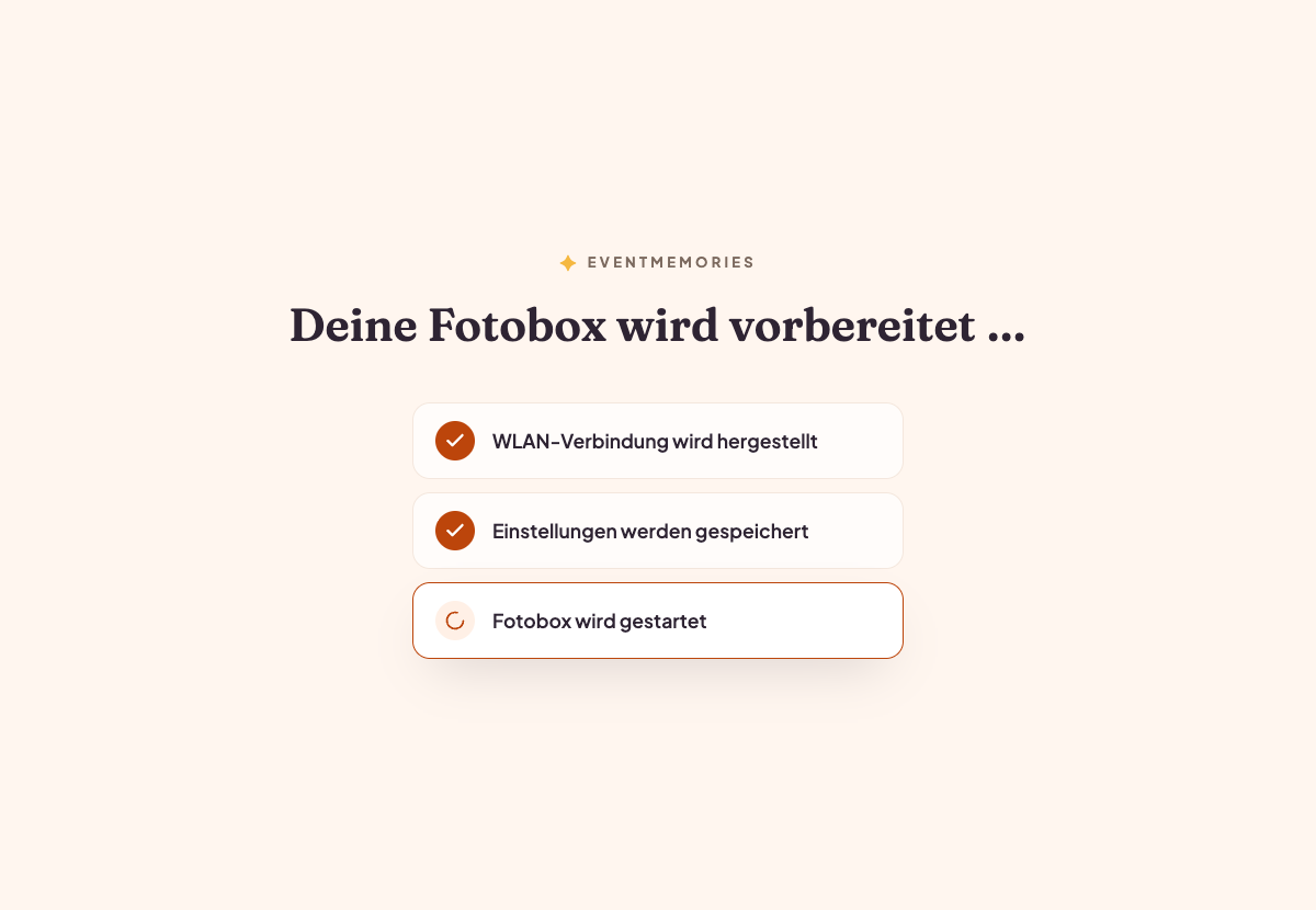 Die Fotobox startet: WLAN-Verbindung, Einstellungen und Start werden nacheinander abgehakt.