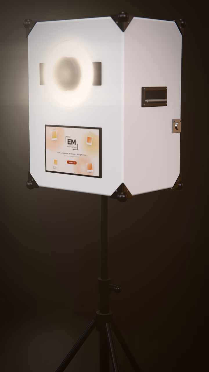 3D-Visualisierung der Eventmemories-Fotobox auf ihrem Stativ: Ringlicht, Kamera und Touch-Display in Nahaufnahme.